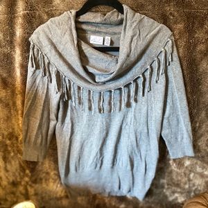 Kim Rogers Gray Sweater with Tasseled Neck Accent